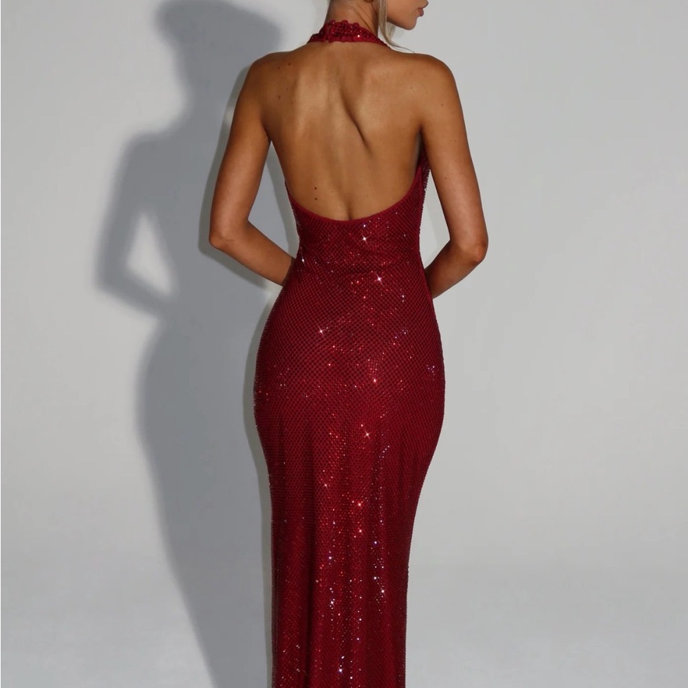 Backless Halter Sequin Maxi Dress in Burgundy - Picture 2 of 3